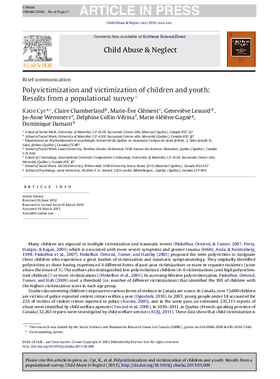 (PDF) Polyvictimization and victimization of children and youth ...
