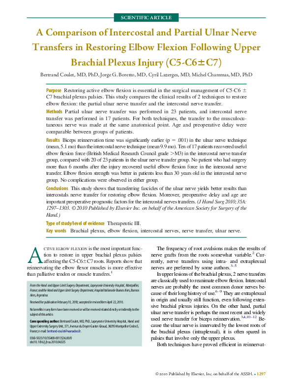 (PDF) A Comparison of Intercostal and Partial Ulnar Nerve Transfers in Restoring Elbow Flexion