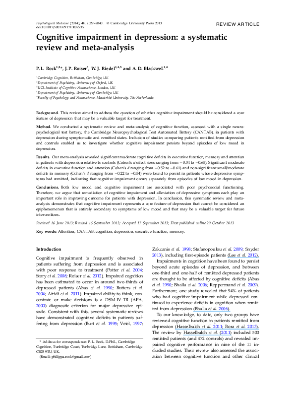 (PDF) Cognitive impairment in depression: a systematic review and meta ...