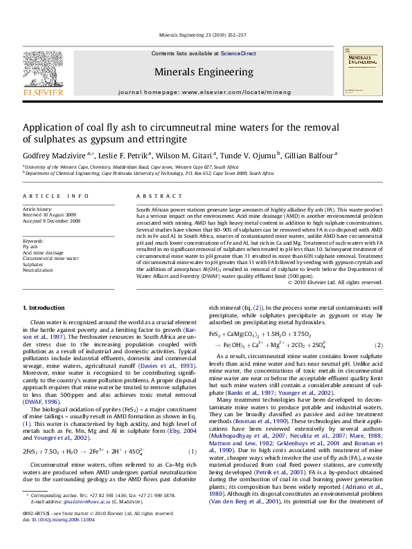 (PDF) Application of Coal Fly Ash to Circumneutral Mine Waters for the ...