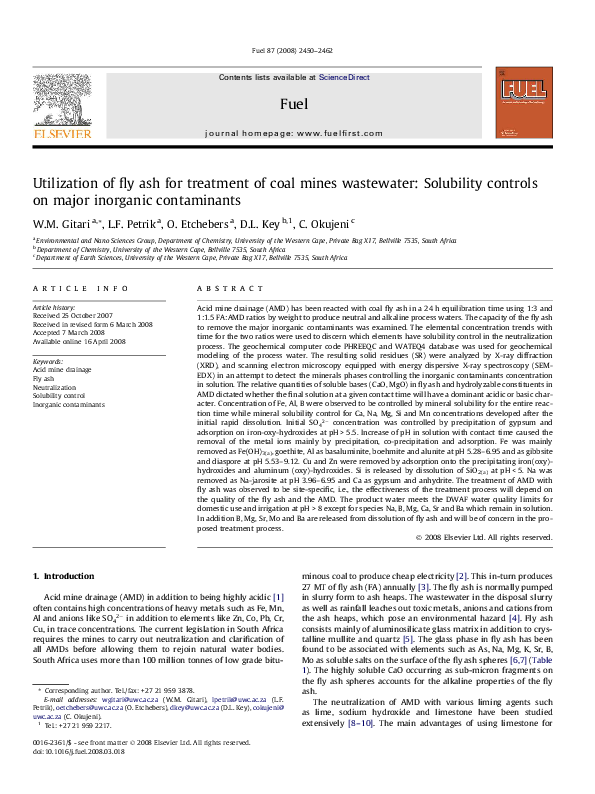 (PDF) Utilization of fly ash for treatment of coal mines wastewater ...