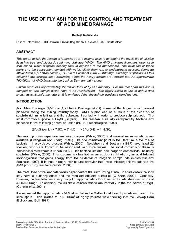 (PDF) The use of fly ash for the control and treatment of acid mine ...