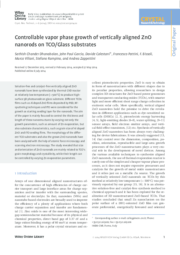 (PDF) Controllable vapor phase growth of vertically aligned ZnO ...