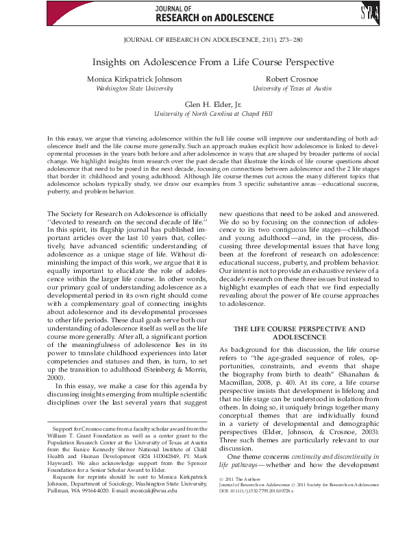 (PDF) Insights on Adolescence From a Life Course Perspective