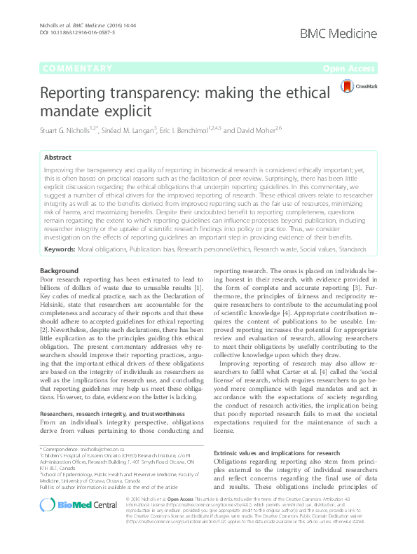 (PDF) Reporting transparency: making the ethical mandate explicit