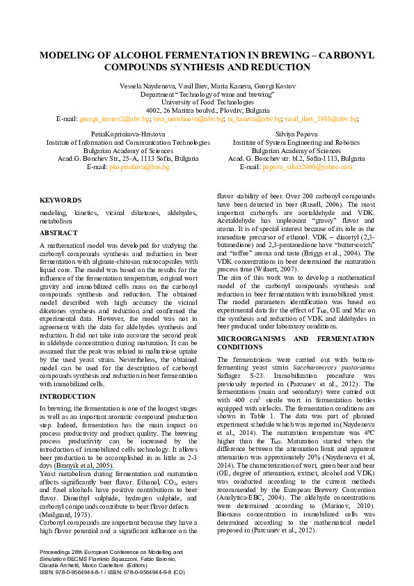 (PDF) Modeling Of Alcohol Fermentation In Brewing â Carbonyl Compounds ...