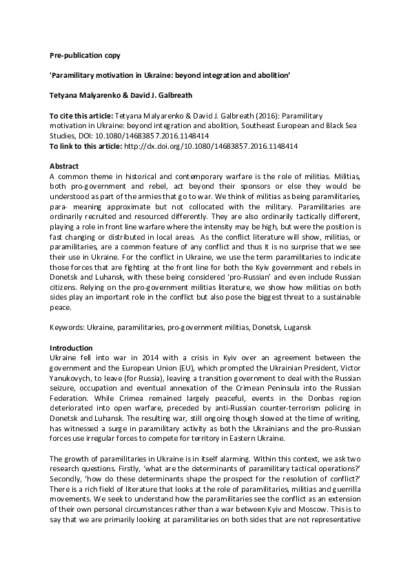 Paramilitary motivation in Ukraine: beyond integration and abolition