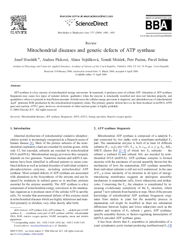 (PDF) Mitochondrial diseases and genetic defects of ATP synthase