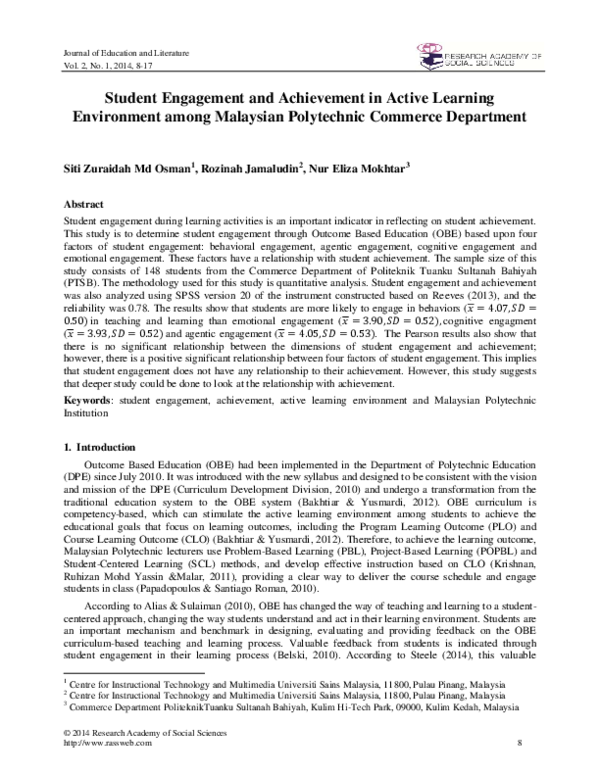 (PDF) Student Engagement and Achievement in Active Learning Environment ...