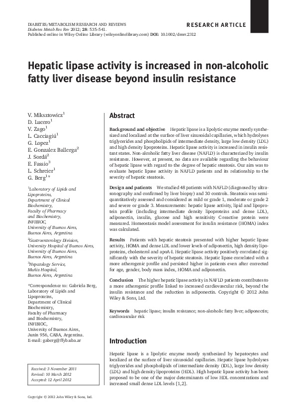 (PDF) Hepatic lipase activity is increased in nonalcoholic fatty liver