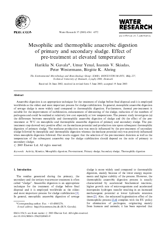 (PDF) Mesophilic and thermophilic anaerobic digestion of primary and ...