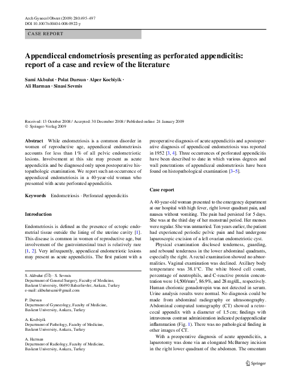 (PDF) Appendiceal endometriosis presenting as perforated appendicitis