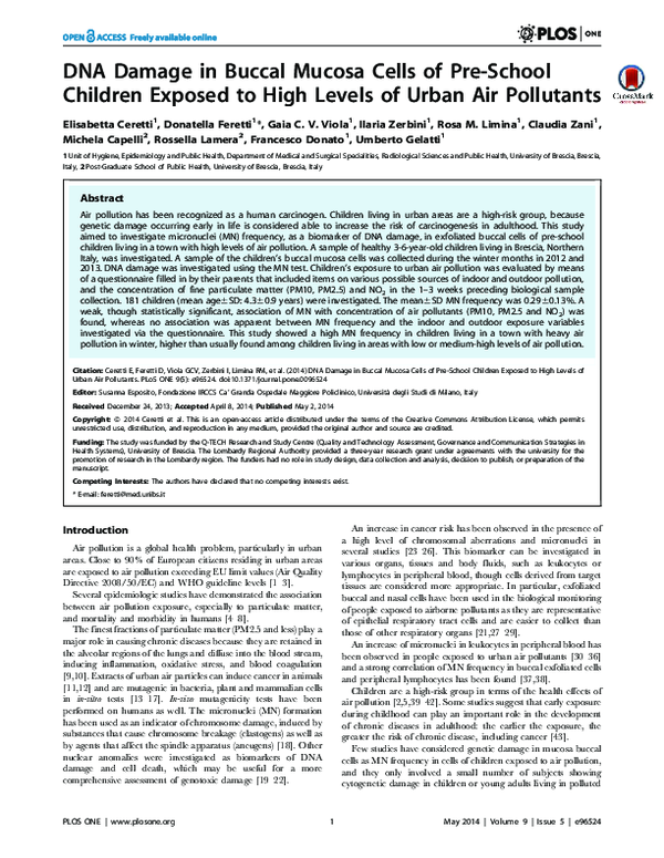 (PDF) DNA Damage in Buccal Mucosa Cells of Pre-School Children Exposed ...