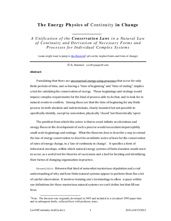 (PDF) The Energy Physics of Continuity in Change