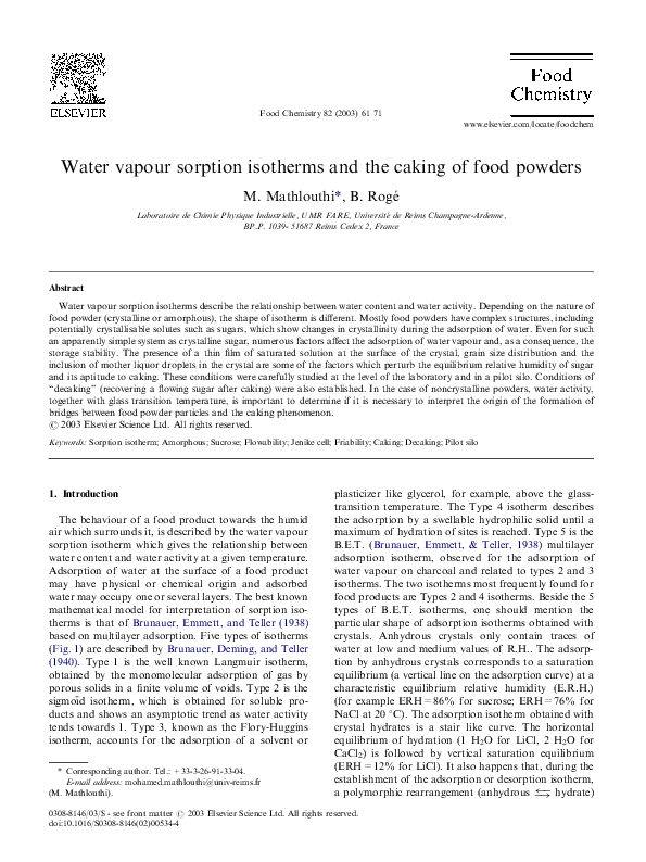 (PDF) Water vapour sorption isotherms and the caking of food powders
