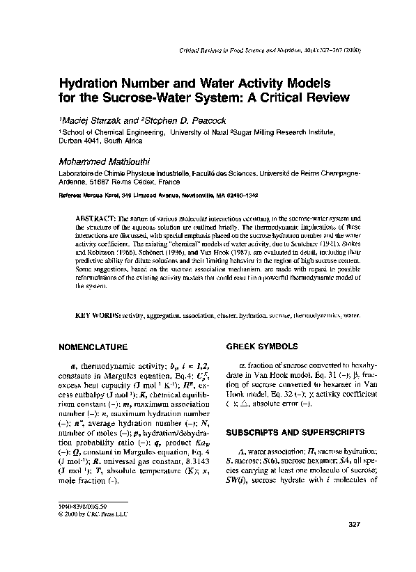 (PDF) Hydration Number and Water Activity Models for the Sucrose-Water ...