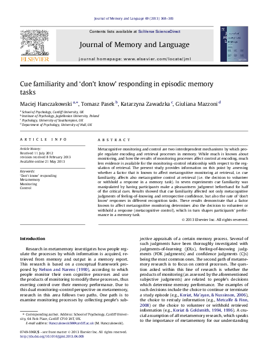 (PDF) Cue familiarity and ‘don’t know’responding in episodic memory tasks