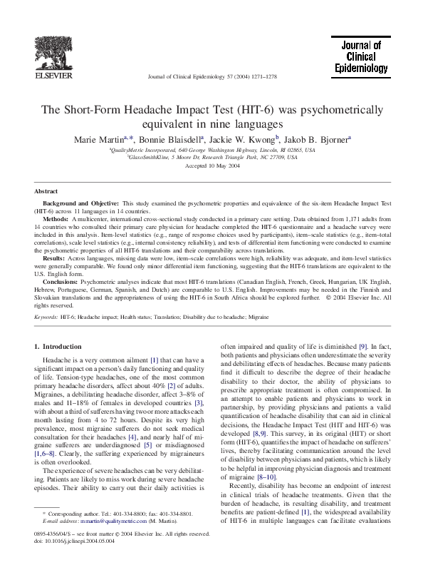(PDF) The Short-Form Headache Impact Test (HIT-6) was psychometrically ...