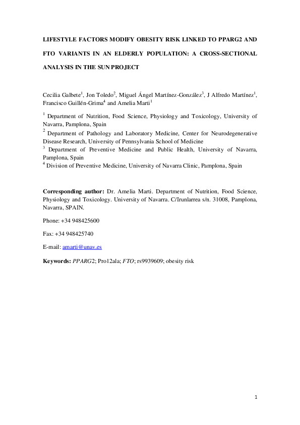 (PDF) Lifestyle factors modify obesity risk linked to PPARG2 and FTO ...