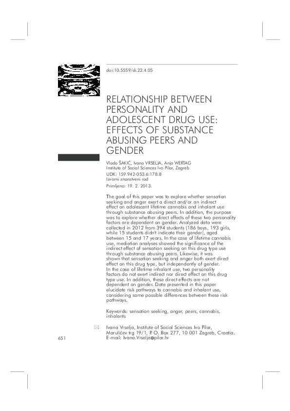 (PDF) Relationship Between Personality and Adolescent Drug Use: Effects ...