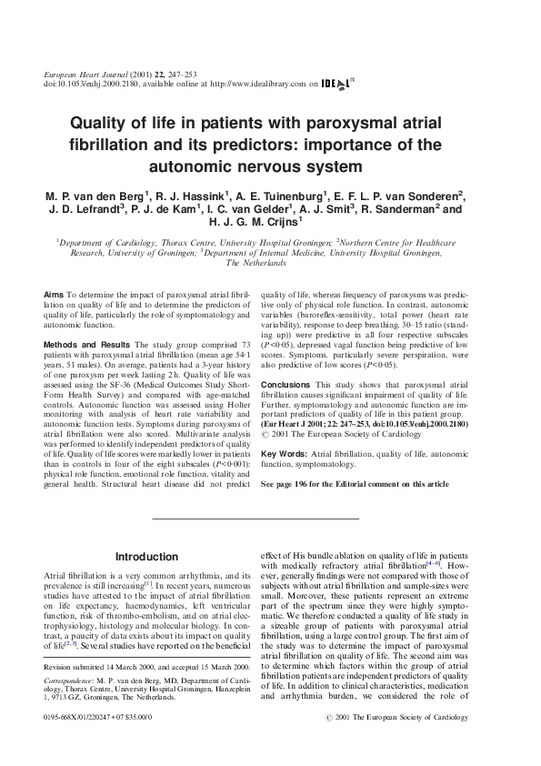 (PDF) Quality of life in patients with paroxysmal atrial fibrillation ...