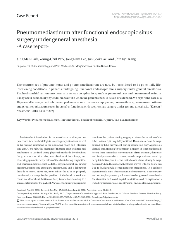 (PDF) Pneumomediastinum after functional endoscopic sinus surgery under general anesthesia A