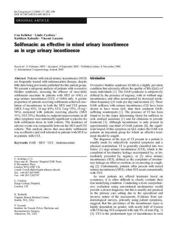 (PDF) Solifenacin as effective in mixed urinary incontinence as in urge urinary incontinence