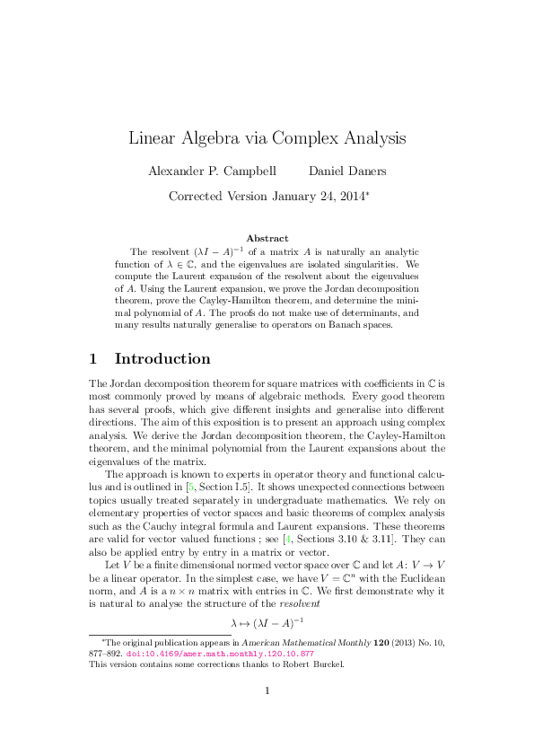(PDF) Linear Algebra via Complex Analysis