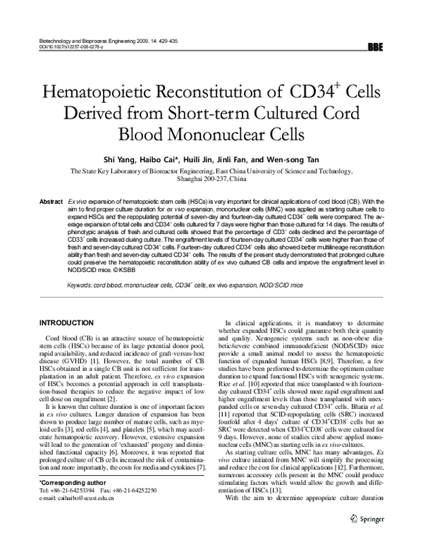 (PDF) Hematopoietic reconstitution of CD34+ cells derived from short ...