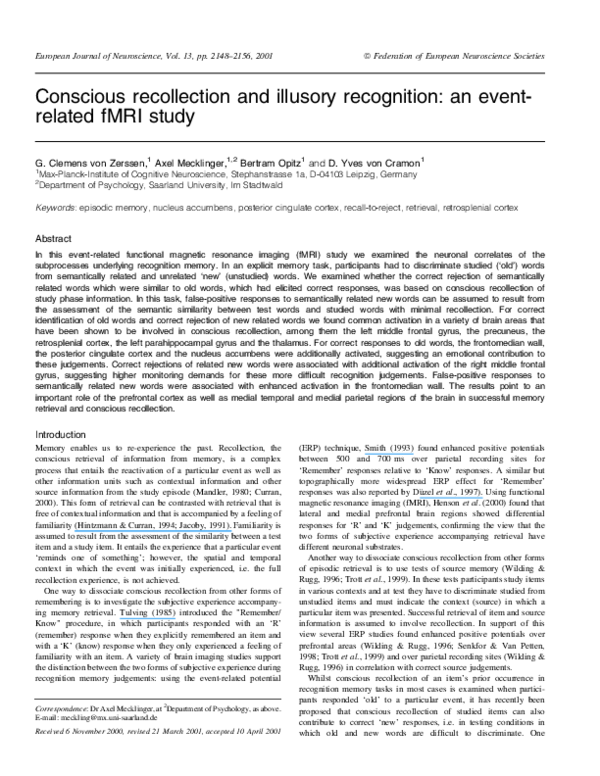 (PDF) Conscious recollection and illusory recognition: an event-related ...