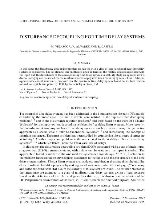 (PDF) Disturbance decoupling for time delay systems