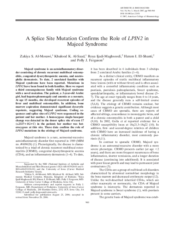 (PDF) A splice site mutation confirms the role ofLPIN2 in Majeed syndrome