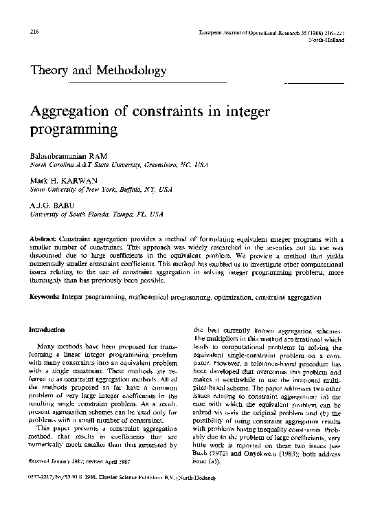 (PDF) Aggregation of constraints in integer programming