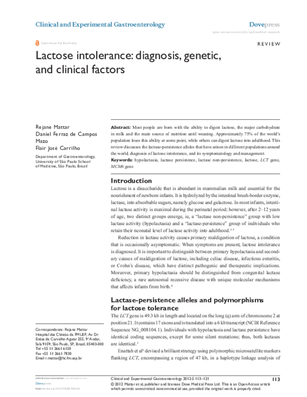 (PDF) Lactose intolerance diagnosis, and clinical factors