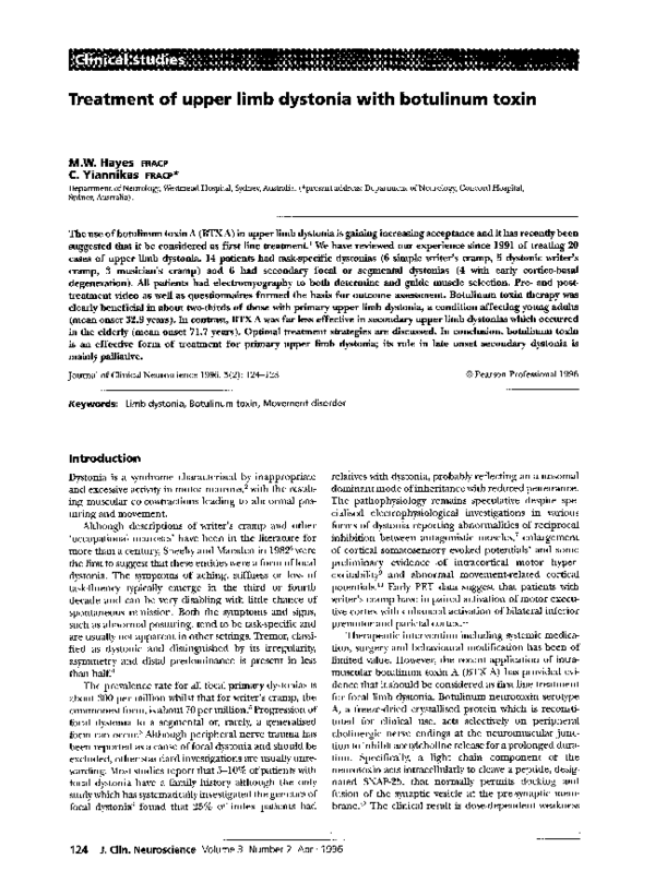 (PDF) Treatment of upper limb dystonia with botulinum toxin