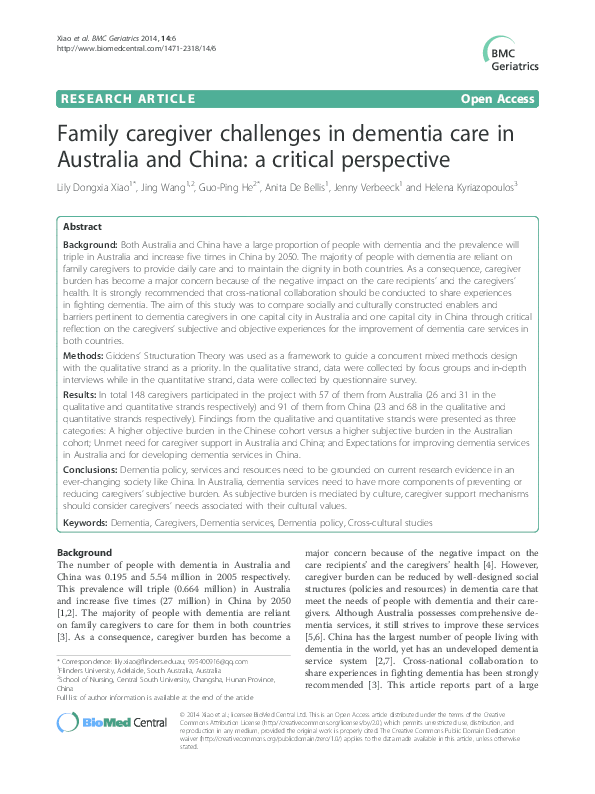 (PDF) Family caregiver challenges in dementia care in Australia and ...