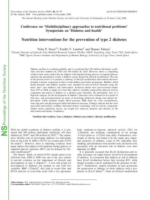 (PDF) Nutrition interventions for the prevention of type 2 diabetes