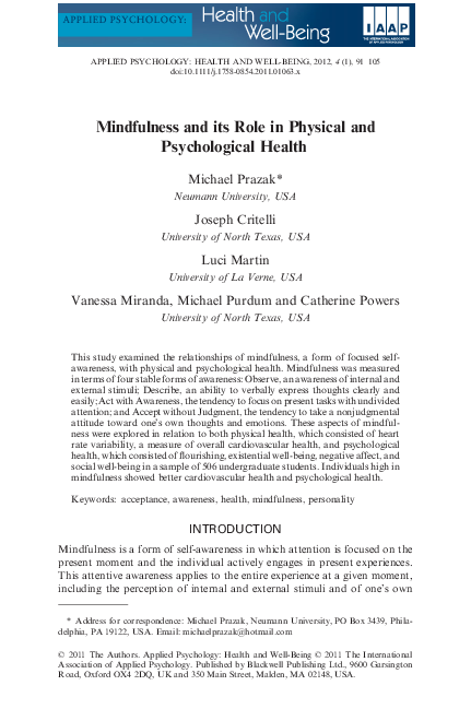 (PDF) Mindfulness and its Role in Physical and Psychological Health