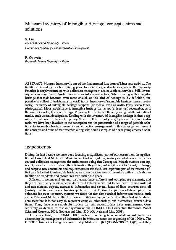 (PDF) Museum Inventory of Intangible Heritage: concepts, aims and solutions