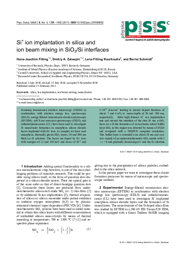 (PDF) Si+ ion implantation in silica and ion beam mixing in SiO2/Si ...