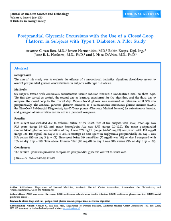 (PDF) Postprandial Glycemic Excursions with the Use of a Closed-Loop ...