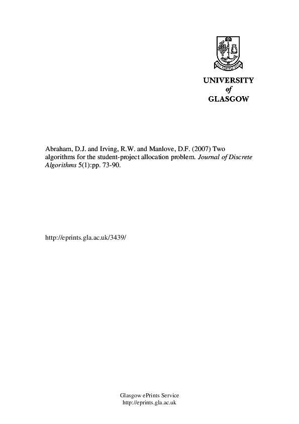 Pdf Two Algorithms For The Student Project Allocation Problem