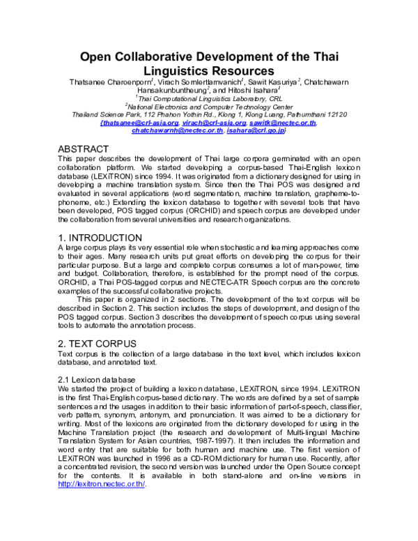 (PDF) Open Collaborative Development of the Thai Linguistics Resources
