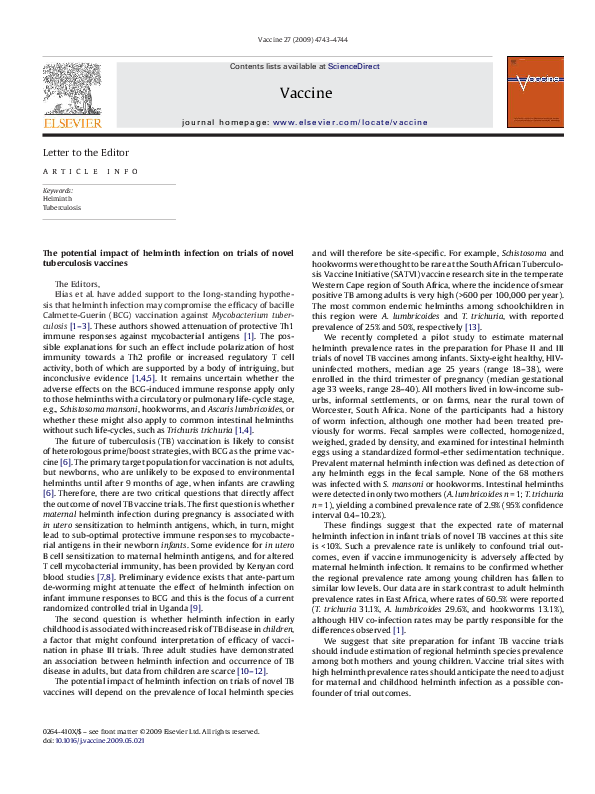 (PDF) The potential impact of helminth infection on trials of novel ...