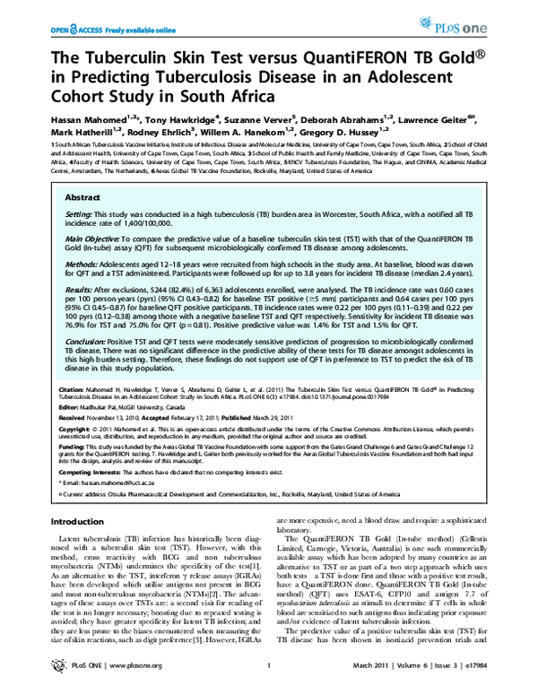 (PDF) The Tuberculin Skin Test versus QuantiFERON TB Gold® in ...