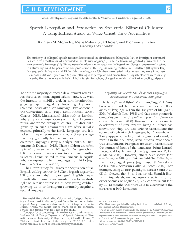 (PDF) Speech Perception and Production by Sequential Bilingual Children ...