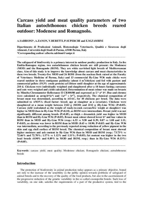 (PDF) Carcass yield and meat quality parameters of two Italian autochthonous chicken breeds