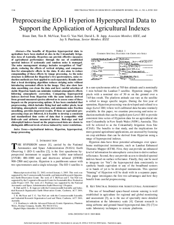 (PDF) Preprocessing EO1 Hyperion hyperspectral data to support the ...