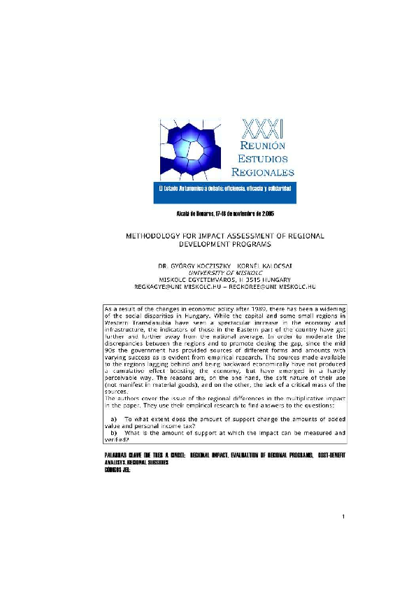 (PDF) Methodology for Impact Assesment of Regional Development Programs