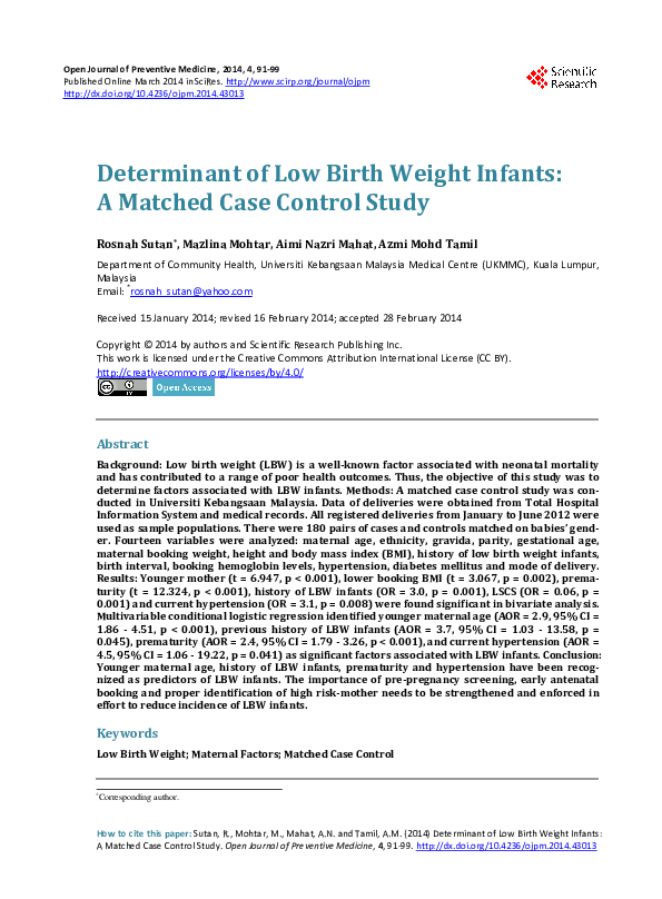 (PDF) Determinant of Low Birth Weight Infants A Matched Case Control